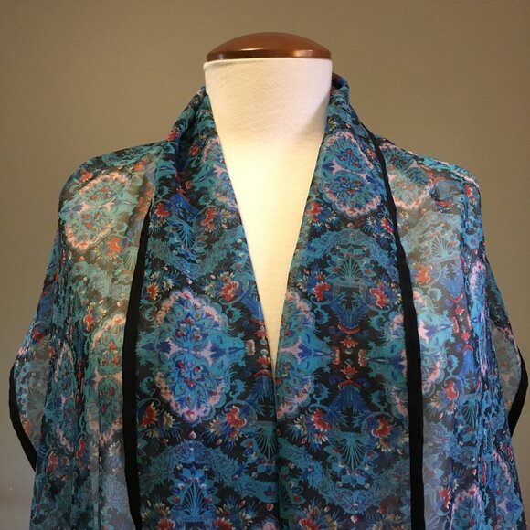 Sheer Blue Floral Damask Tapered Boho Scarf - Picture 1 of 16